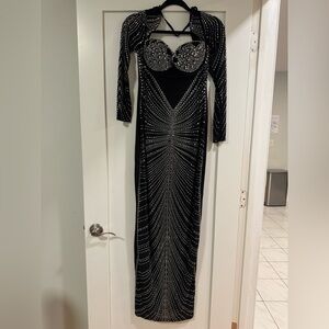Glamorous Black and Silver Long Sleeve Gown